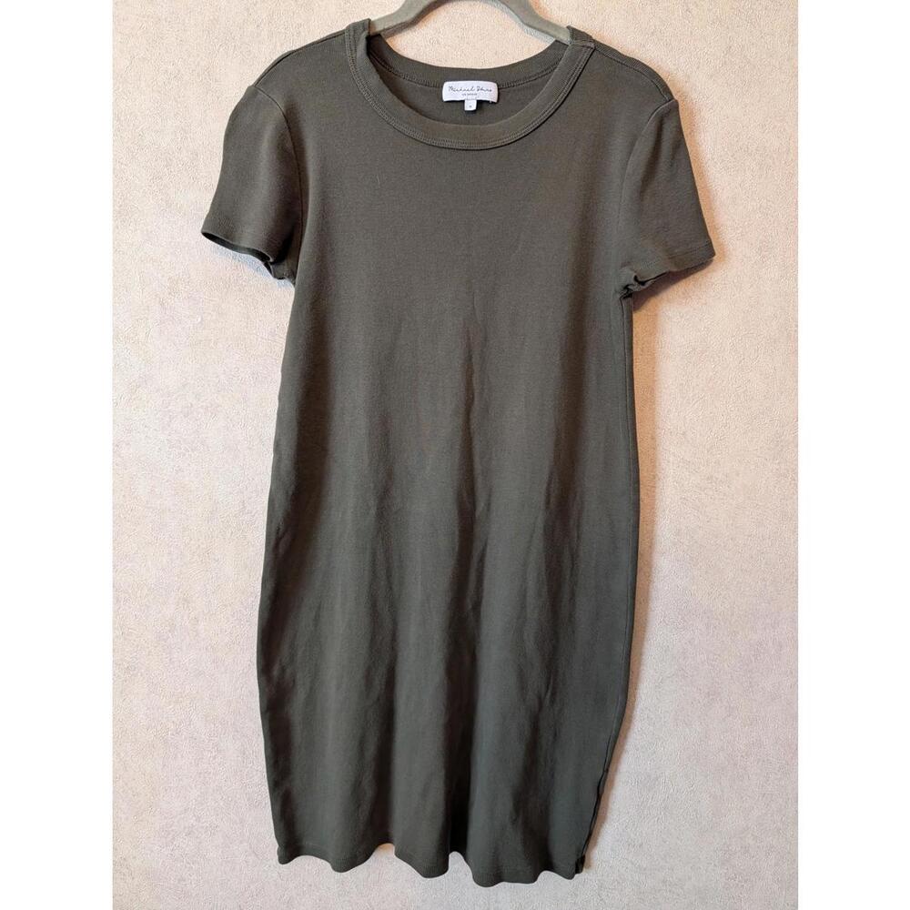 MICHAEL STARS olive green ribbed short sleeve bodycon mini dress